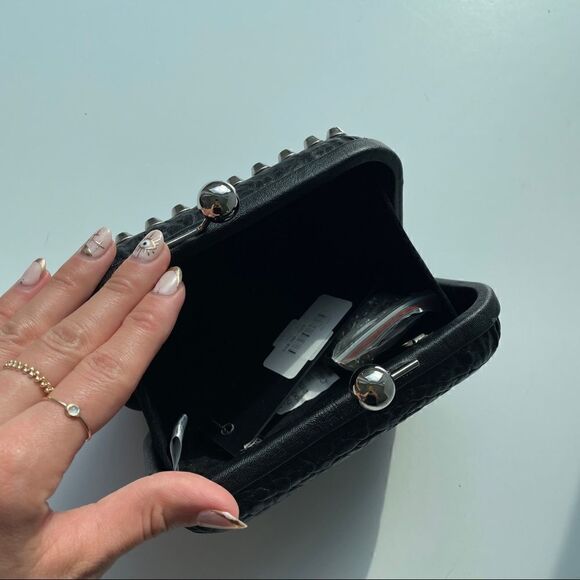 Nordstrom Black Leather Handheld Structured Gunmetal Clutch Bag - Picture 3 of 5